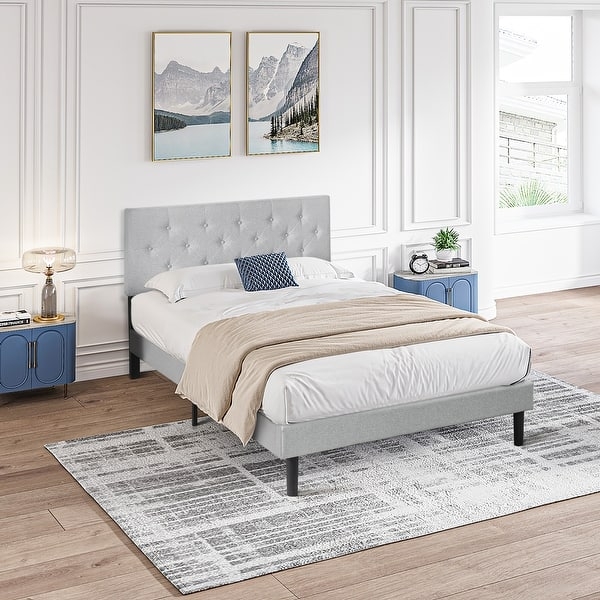 Platform Bed Light Grey Button Tufted Transitional Frame