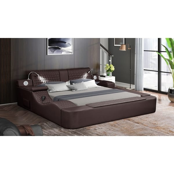 Platform Bed Light Wood Frame Charcoal Panel Headboard