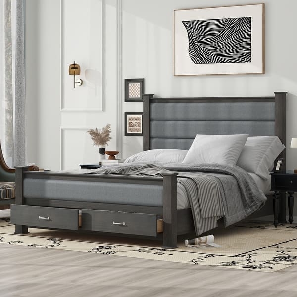Platform Bed Light Wood Gray Upholstered Headboard Storage