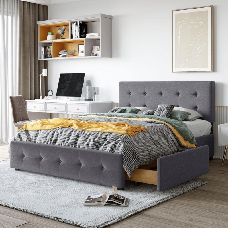 Platform Bed Linen-like Fabric with 4-Drawers Integrated Storage