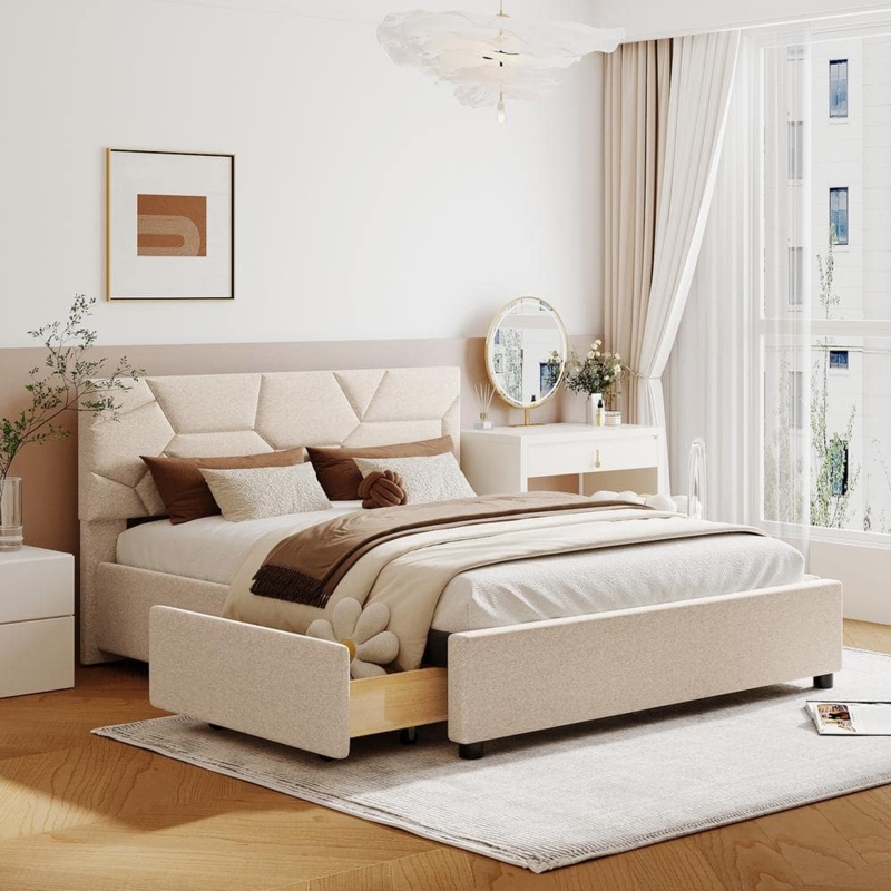 Platform Bed Linen-Like Geometric Grid Headboard with Storage Drawers