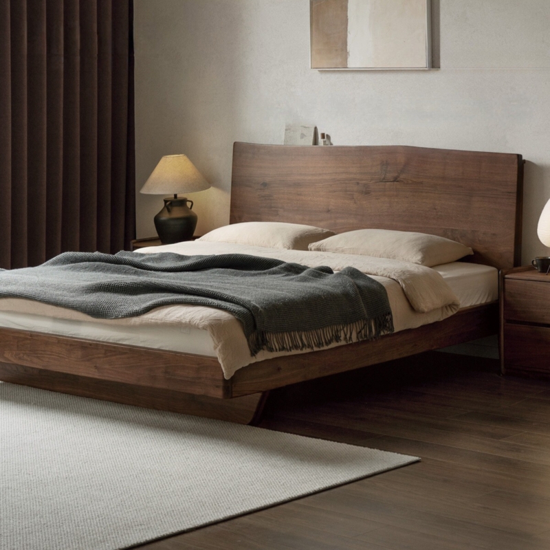 Platform Bed Live-Edge Headboard Wabi-Sabi Natural Wood Toned