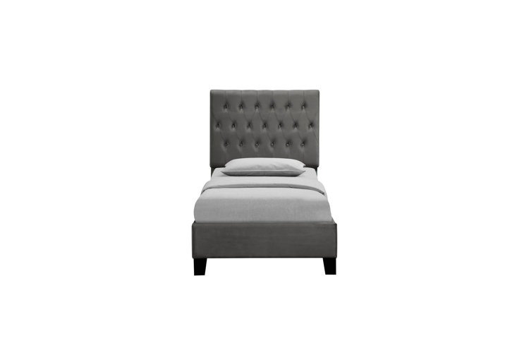 Platform Bed Low Clearance with Grey Upholstery and Minimalist Silhouette