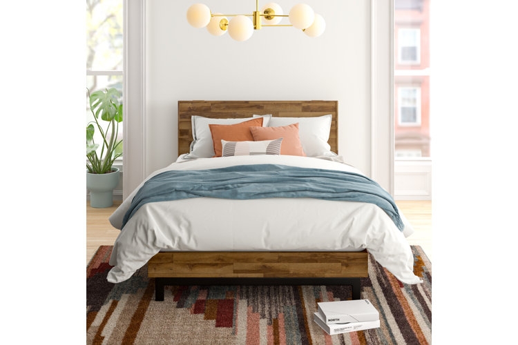 Platform Bed Low Clearance with Upholstered Headboard in Gray