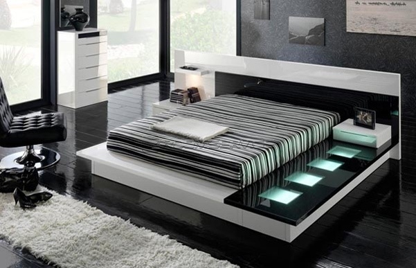 Platform Bed Low Profile Silhouette Integrated Nightstands with LED