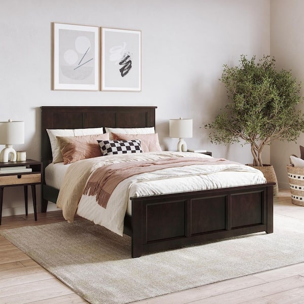 Platform Bed Low Profile Slatted Headboard Transitional Style Dark Wood