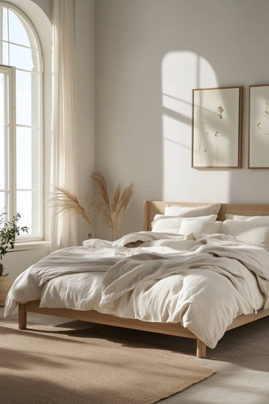 Platform Bed Low Profile Styling, Slat Wall Accent. Scandinavian Slat Wall Idea.