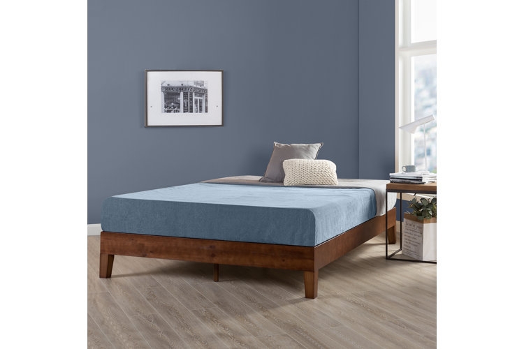 Platform Bed Low Profile Upholstered Fabric in Beige for Bedroom
