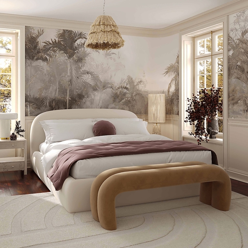 Platform Bed Low Profile Vertical Channel Tufted Cream MCM