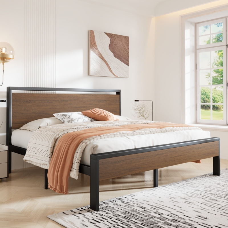 Platform Bed Mahogany Toned Panels Industrial King Size Metal