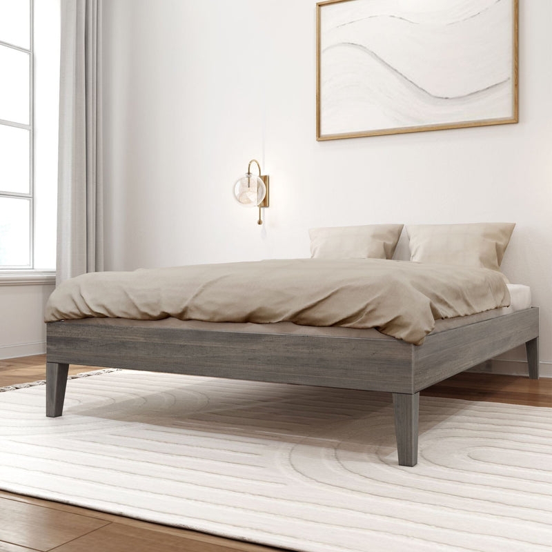 Platform Bed Matte Walnut Finish Slatted Headboard Mid Century Modern