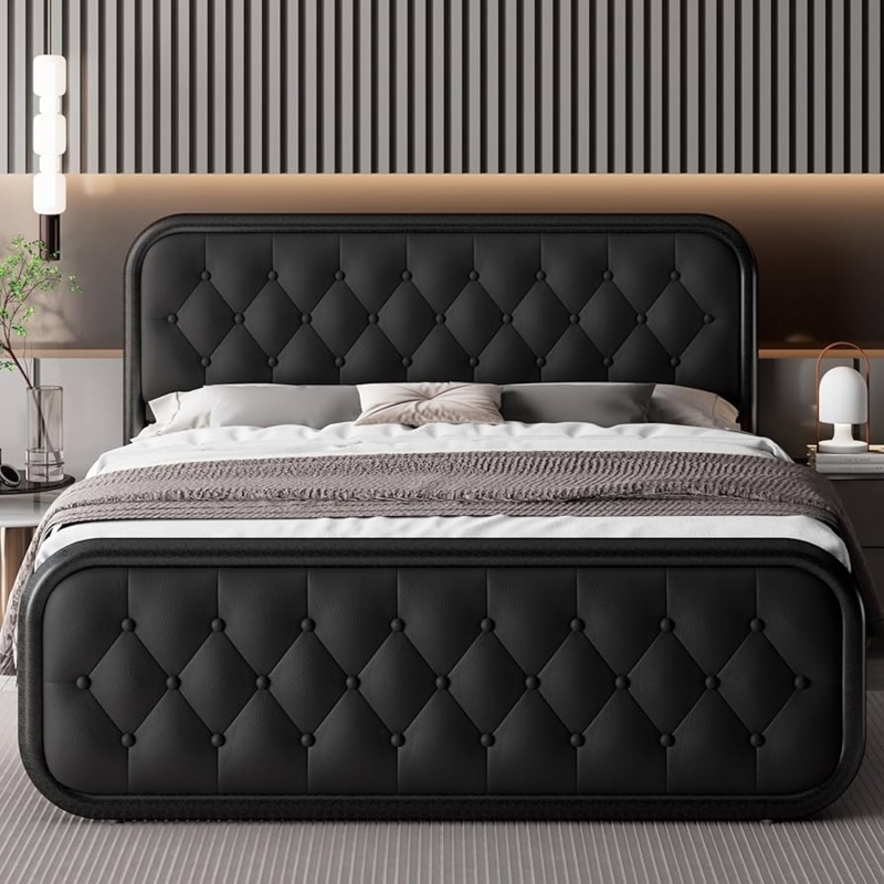 Platform Bed Metal Frame Vertical Channel Tufting Industrial