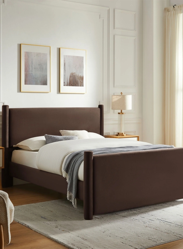 Platform Bed Mid-Century Chocolate Brown Oversized Winged Headboard