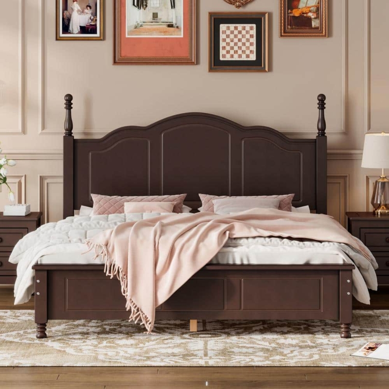 Platform Bed Mid-Century Modern Dark Walnut Slat Headboard