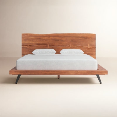 Platform Bed Mid-Century Vertical Slat Headboard Wood Tapered Legs