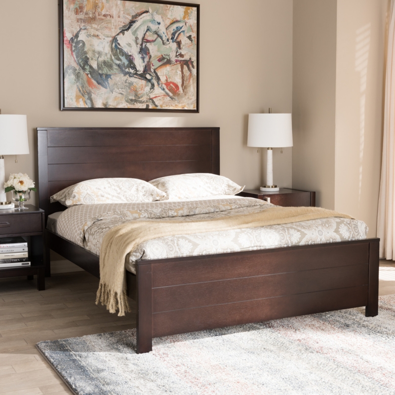 Platform Bed Mission Style Dark Brown Wood Slatted Headboard