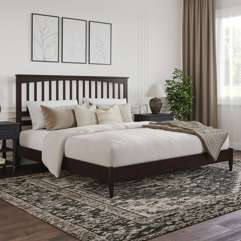 Platform Bed Mission Style Slatted Headboard Low Base Satin Finish Wood