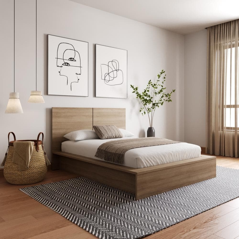Platform Bed Modern Brown Oak High Headboard Styling Vertical Slats