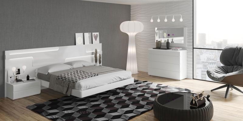 Platform Bed Modern Two-Tone White Wood Lacquered Headboard