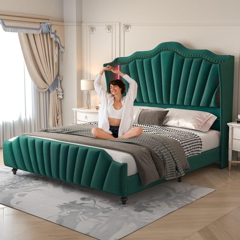 Platform Bed Monochromatic Grey Velvet Channel Tufted LED