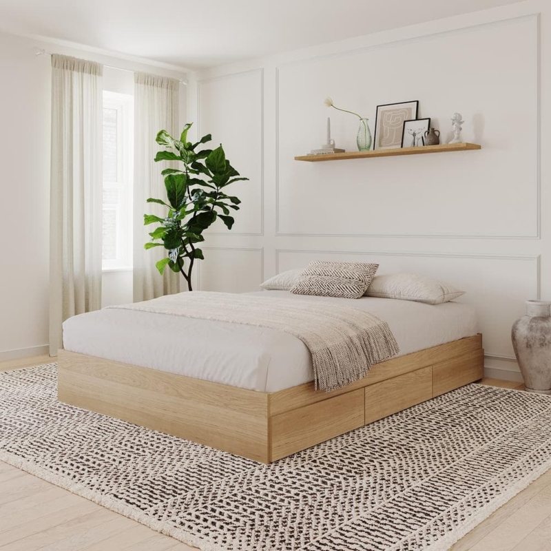 Platform Bed Natural Maple Finish Three Drawers Scandinavian Storage