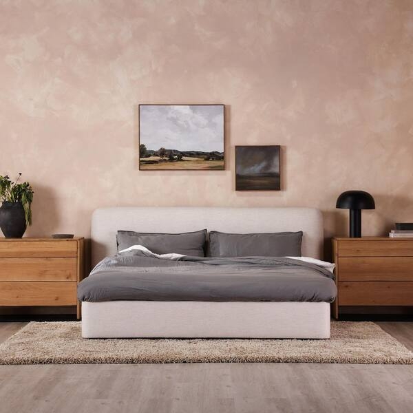 Platform Bed Natural Wood Frame Padded Headboard Scandinavian Style