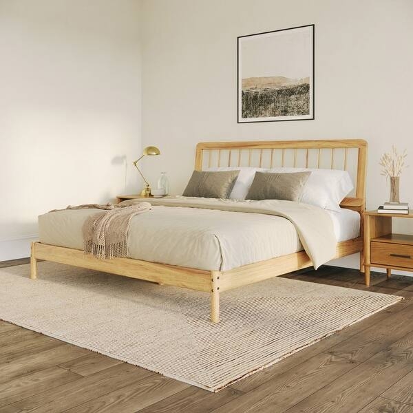 Platform Bed Natural Wood Tapered Legs Mid-Century Spindle Headboard