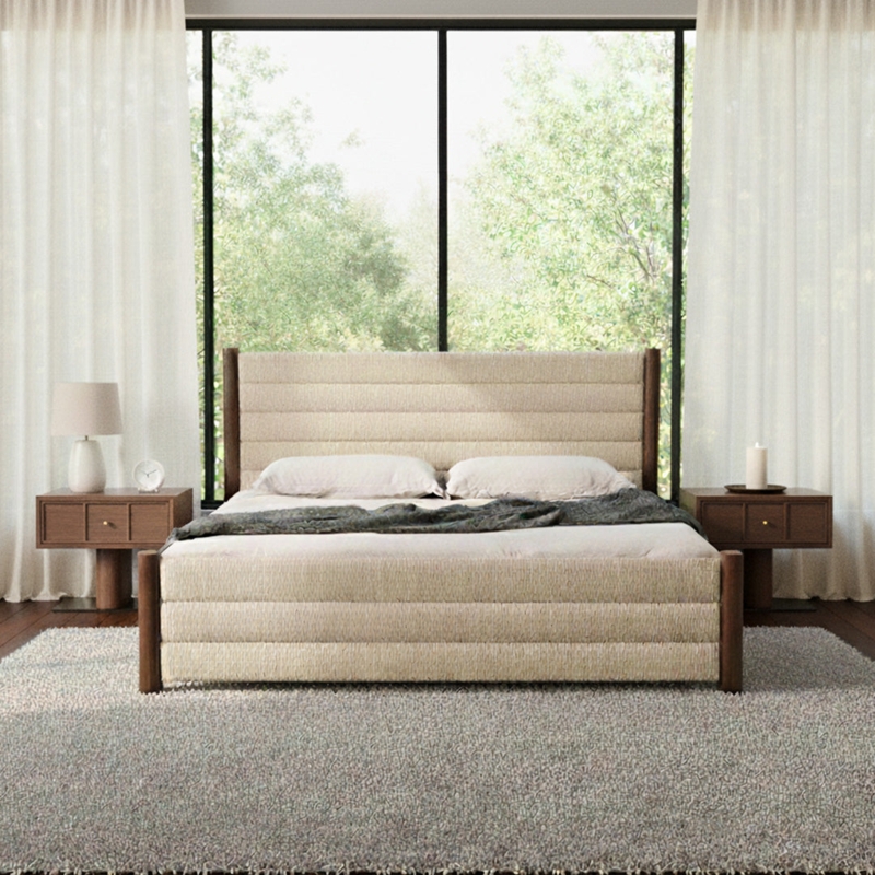 Platform Bed, Oatmeal Linen-Like with Winged Headboard