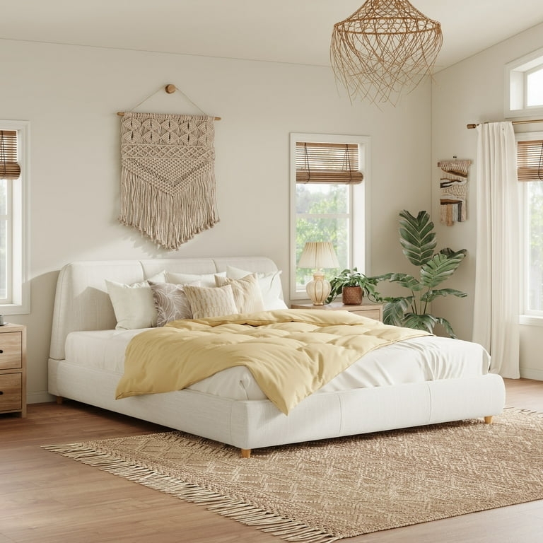 Platform Bed, Off-White Linen-Like with Tapered Wood Legs