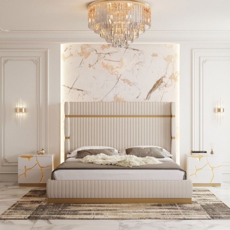Platform Bed Polished Gold Metal Accents Channel Tufted Headboard