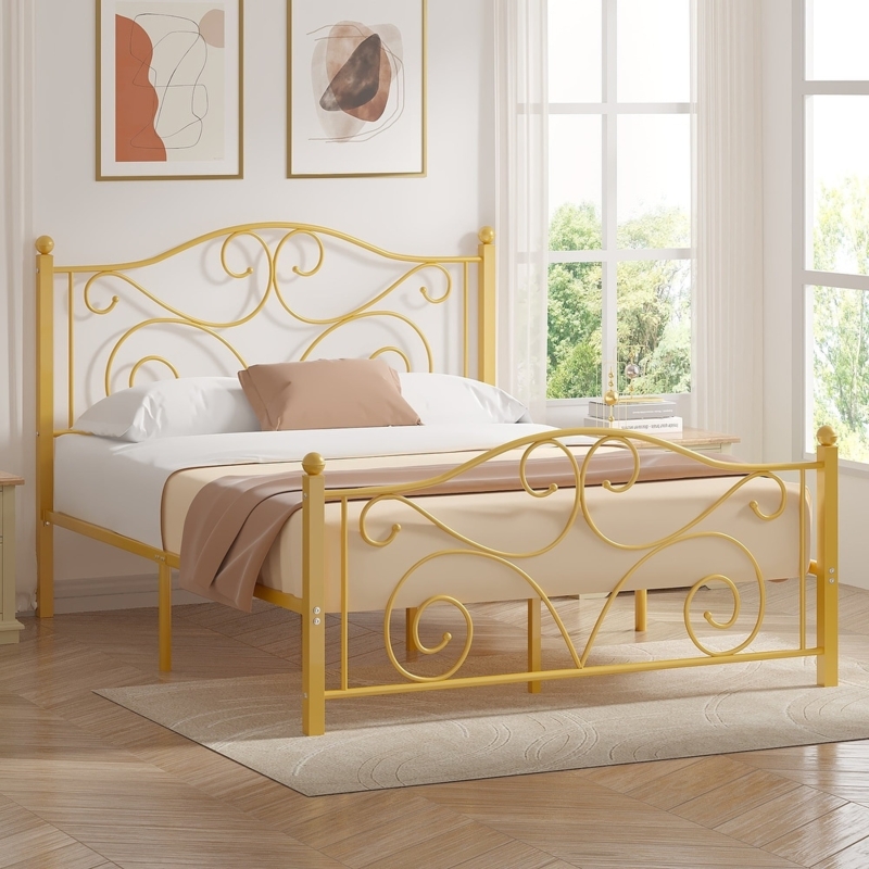 Platform Bed Polished Gold Metal Vertical Spindles Glam Style Airy