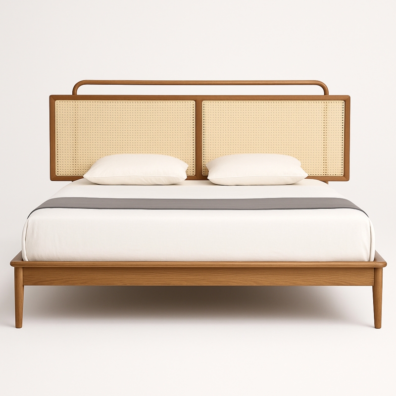 Platform Bed Rattan Cane, Woven Headboard. Scandinavian Rattan Headboard Design.