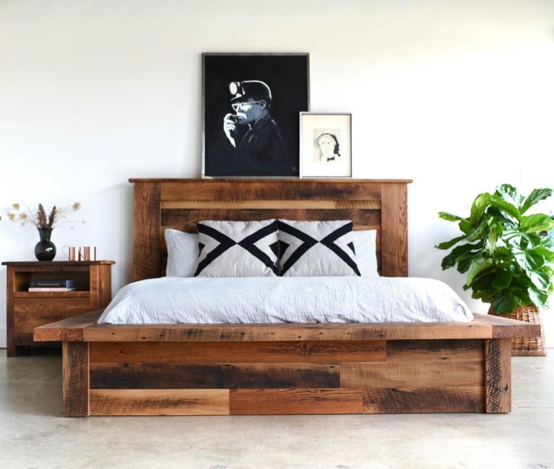 Platform Bed Reclaimed Wood Look, Slatted Headboard Farmhouse Bedroom