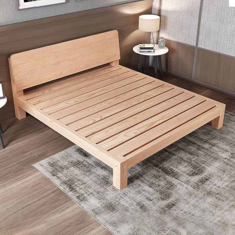 Platform Bed Rectangular Headboard, Wood Grain. Scandinavian Solid Wood Bed.