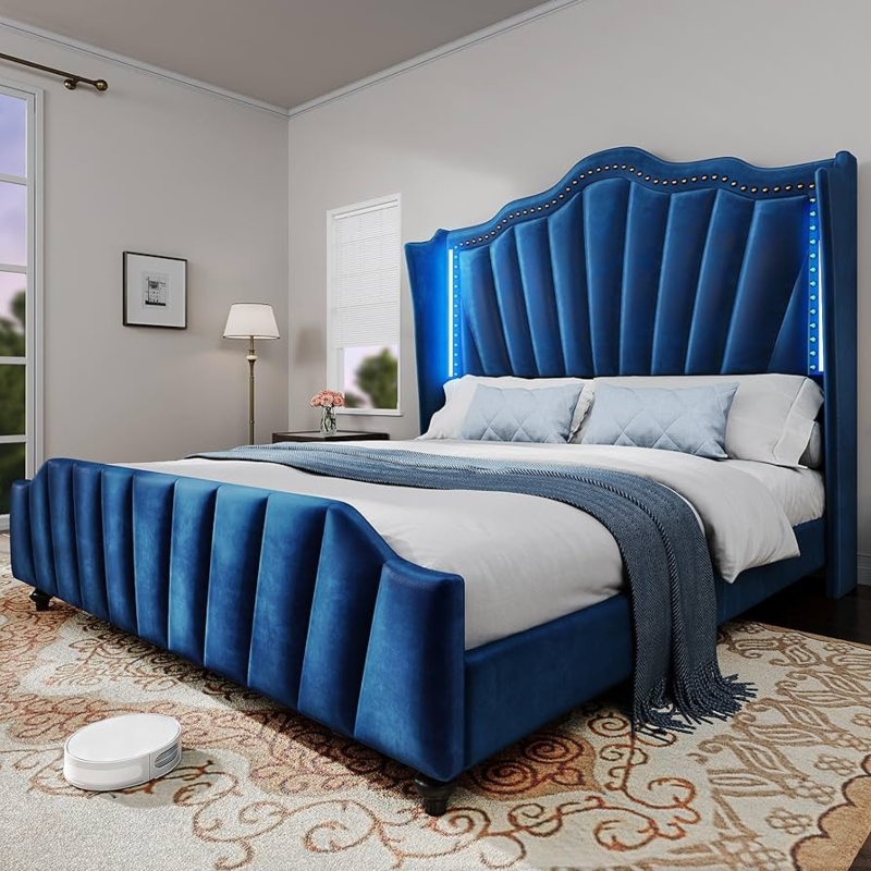 Platform Bed Royal Blue Velvet Wingback with LED Underlighting