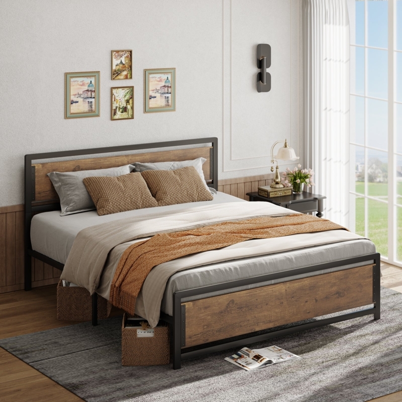 Platform Bed Rustic Mixed Material Construction Black Metal Frame