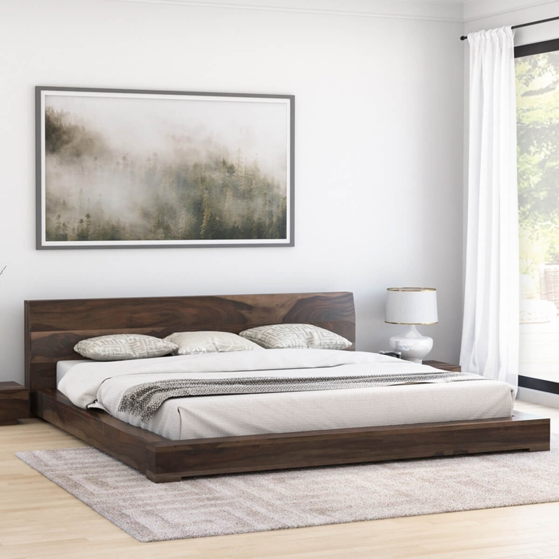 Platform Bed Rustic Solid Wood Slab Headboard Distressed Finish