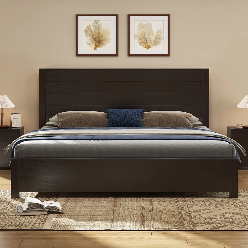 Platform Bed Rustic Whitewashed Finish Extra Tall Plank Headboard