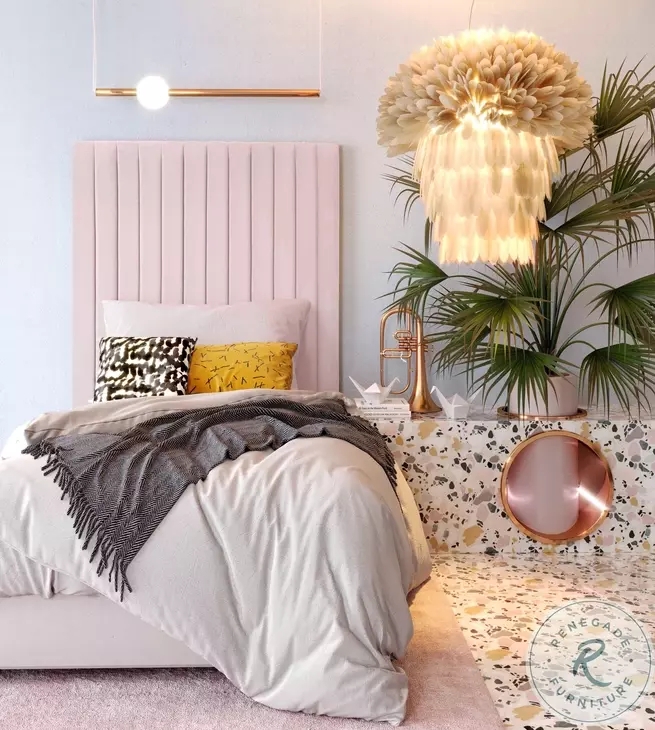 Platform Bed Scalloped Upholstered Headboard Blush Pink Twin Size