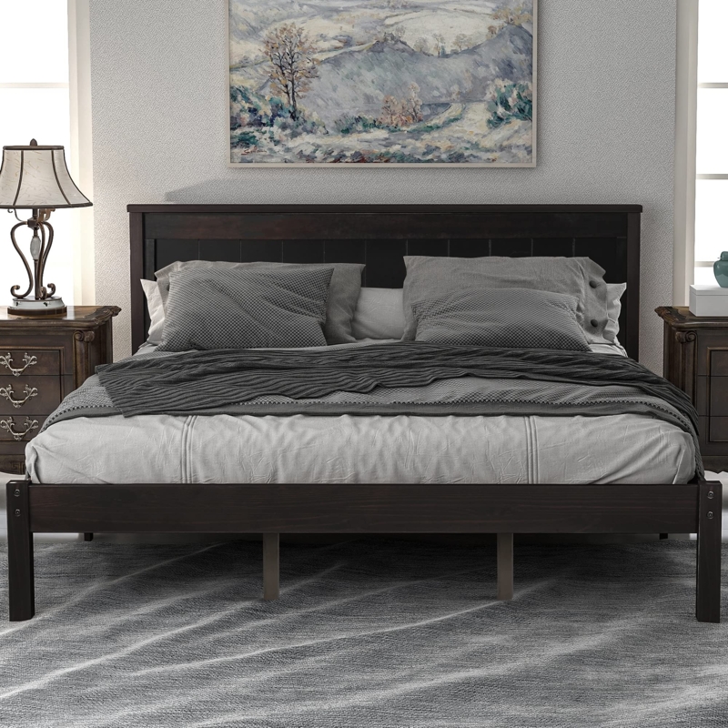 Platform Bed Shaker Inspired Slats Minimalist Dark Wood Frame Matte Finish