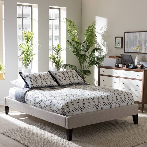 Platform Bed Slat Base Tapered Legs Linen Like Fabric Mid Century Style