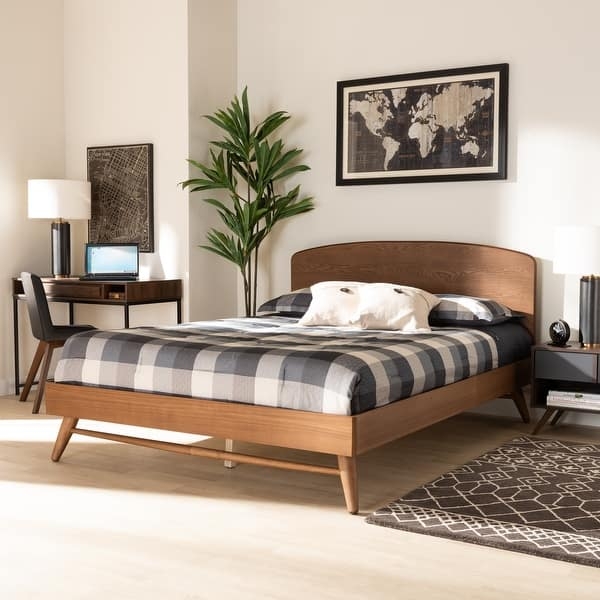 Platform Bed Slatted Headboard Tapered Legs Walnut