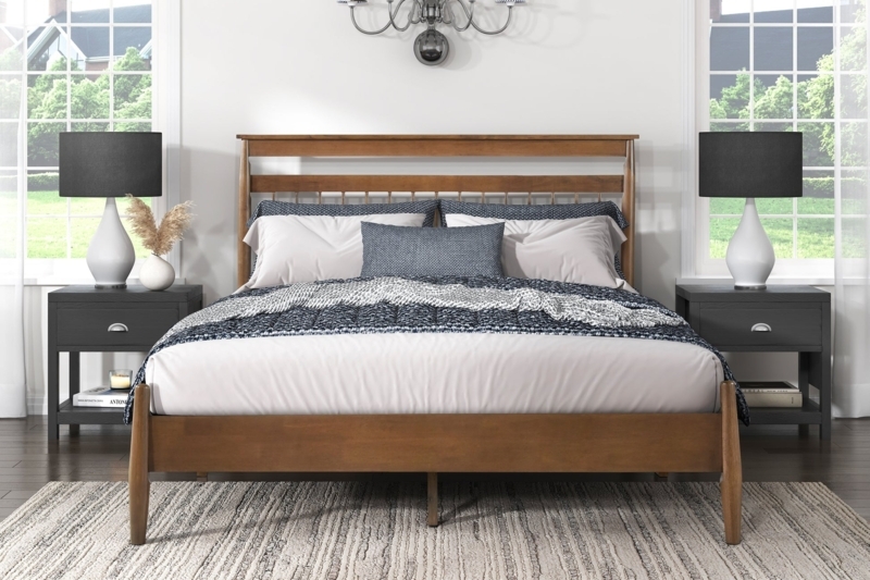 Platform Bed Slatted Headboard Warm Chestnut Wood Finish