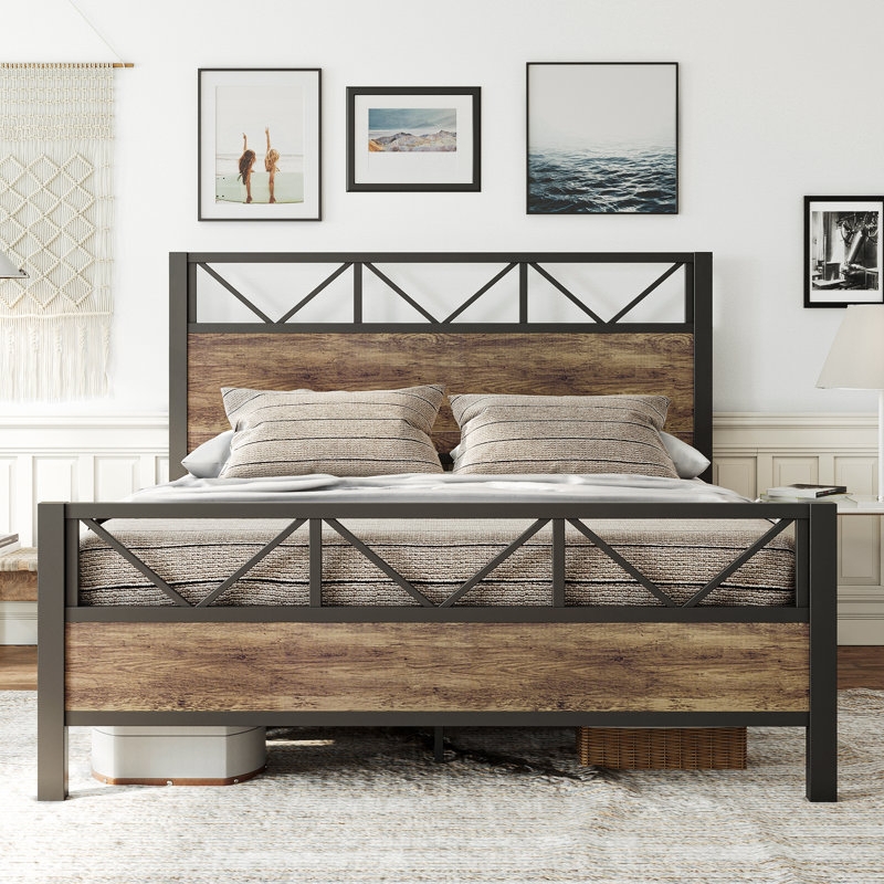 Platform Bed Slim Profile Rustic Maple Look Panels Queen Size