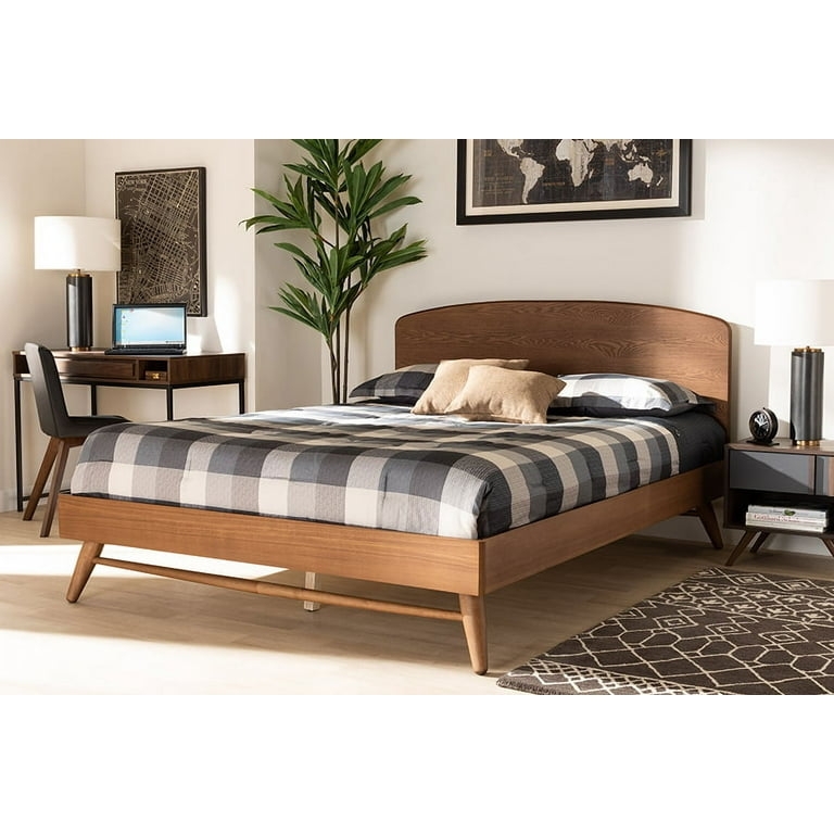 Platform Bed Spindle Headboard Mid-Century Walnut Finish