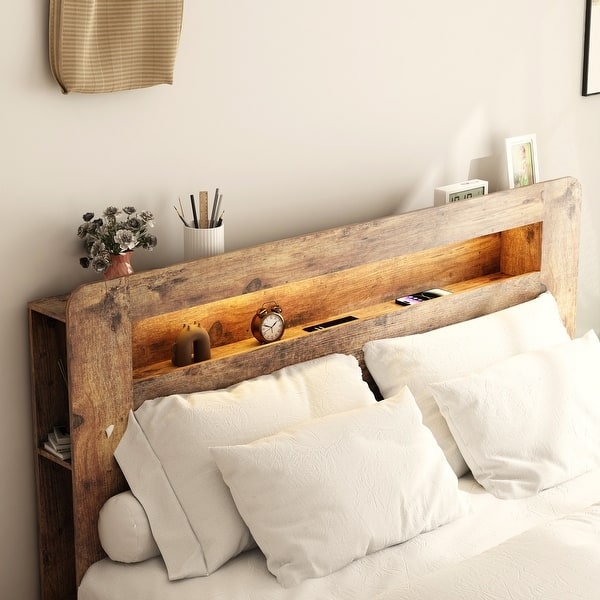 Platform Bed Storage Headboard Espresso Finish LED Lighting Minimalist