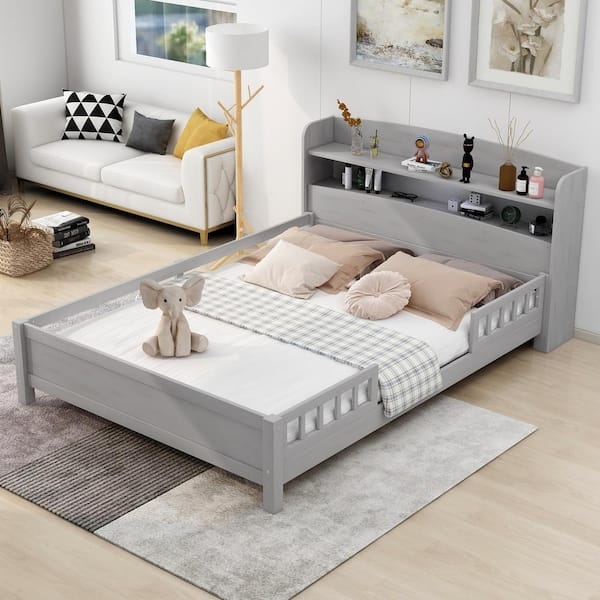 Platform Bed Storage Headboard Integrated LED Antique Gray