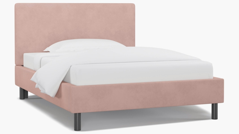 Platform Bed Tailored Base Blush Velvet Rectangular Headboard Minimalist Style