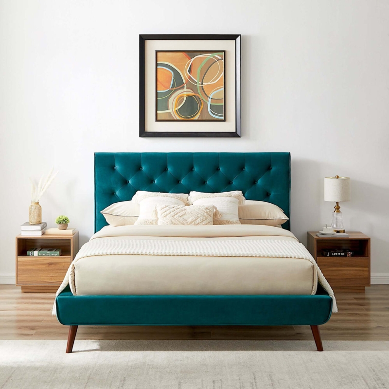 Platform Bed Tall Headboard Vertical Channeling Velvet