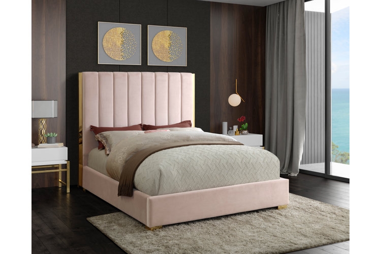 Platform Bed Tall Winged Headboard Woven Texture Light Gray